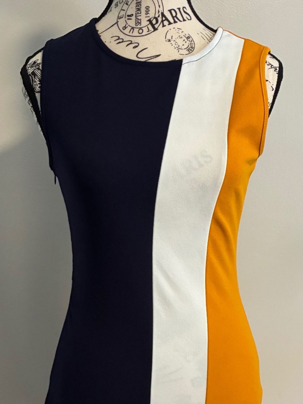 Colorblock dress-navy, white, gold sleeveless body con asymmetrical Size Sm